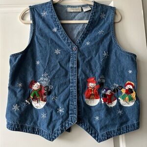 Embroidered Denim Vest with Snowman Design